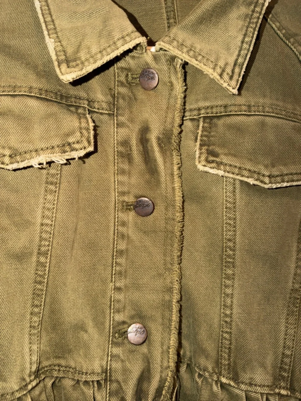 Free People Olive Green Peplum Jean Jacket with Lace-Up Sleeves - Picture 3 of 6